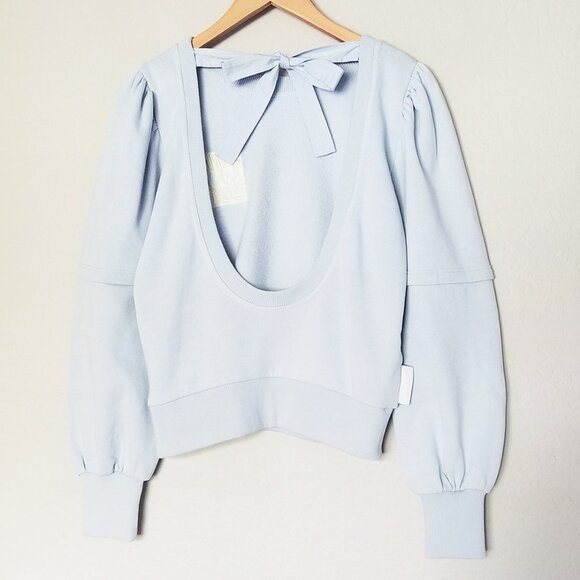 Ganni Isoli Bow Open Back Puff Sleeve Organic Cotton Sweatshirt XS Blue $215 - Picture 7 of 16